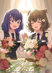 2girls :d black_jacket blue_eyes blurry blurry_background blurry_foreground blush bouquet brown_hair closed_eyes collared_shirt depth_of_field flower hair_flower hair_ornament hairclip highres holding jacket kani_2hiki motion_blur multiple_girls necktie official_art open_mouth orange_flower pink_flower pink_rose red_flower red_rose ribbon rose shiromaru_mito shirt shizuka_(world_dai_star) smile virtual_youtuber white_flower white_rose white_shirt world_dai_star