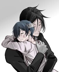 2boys absurdres age_difference black_hair blue_hair butler ciel_phantomhive closed_mouth gloves hair_between_eyes highres kuroshitsuji long_sleeves male_focus multiple_boys onii-shota sebastian_michaelis shirt short_hair simple_background uneasywolf white_background