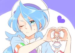 Rule 34 | 1boy, 1girl, ^ ^, aihira (aihira12), apron, ascot, back bow, beret, blue bow, blue dress, blue eyes, blue hair, blue shirt, boots, bow, bowtie, brooch, brown hair, buttons, closed eyes, closed mouth, collared shirt, cowboy shot, double v, dress, flower, flower brooch, flustered, frilled apron, frilled footwear, frills, frown, hair between eyes, hat, hat bow, heart, heart hands, jewelry, julio (precure), kirakira patisserie uniform, kirakira precure a la mode, knee boots, kuroki rio, long hair, low ponytail, low twintails, male focus, one eye closed, outline, pink boots, pink bow, pink bowtie, pocket, ponytail, precure, puffy short sleeves, puffy sleeves, purple ascot, purple background, shirt, short dress, short sleeves, sparkling eyes, sweatdrop, tsurime, twintails, two-tone background, upper body, usami ichika, v, v-shaped eyebrows, very long hair, white apron, white background, white hat, white outline, yellow flower