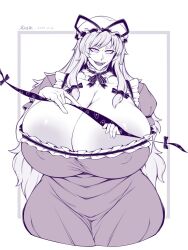 1girl areola_slip border bow bowtie breasts cleavage collar covered_erect_nipples covered_navel cropped_legs curvy dated dress elun_(meido) frilled_collar frilled_hat frills gap_(touhou) grin hair_bow hat hat_bow hat_ribbon highres huge_breasts inverted_nipples long_hair low-tied_sidelocks mob_cap monochrome neck_ribbon open_mouth purple_dress purple_eyes purple_theme ribbon sidelocks simple_background smile solo touhou yakumo_yukari