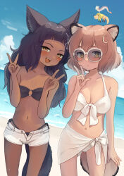 2girls animal_ear_fluff animal_ears batta_(kanzume_quality) beach bikini black_bikini black_hair breasts brown_hair cleavage cloud dark-skinned_female dark_skin double_v dragon fox fox_ears fox_girl kitsune_no_oyome-chan long_hair multiple_girls navel ocean outdoors raccoon_ears raccoon_girl sarong short_hair short_shorts shorts side-tie_bikini_bottom sky small_breasts stomach sunglasses swimsuit tail unbuttoned v white_bikini white_sarong white_shorts