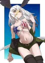 1girl alternate_costume american_flag american_flag_bikini american_flag_print bald_eagle_(kemono_friends) bare_arms bare_shoulders belt bikini bikini_top_only bird_girl bird_tail bird_wings black_belt black_thighhighs blonde_hair collarbone flag_print flag_print_bikini from_below green_jacket green_shorts head_wings highres jacket kemono_friends long_hair looking_at_viewer midriff multicolored_hair navel off-shoulder_jacket off_shoulder print_bikini short_shorts shorts solo spaghetti_strap swimsuit tail tanabe_(fueisei) thighhighs white_hair wings yellow_eyes