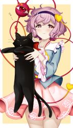 1girl animal armpit_carry black_cat black_hairband blue_shirt blush border cat cowboy_shot dot_nose eyeball floral_print frilled_shirt_collar frills hair_between_eyes hair_ornament hairband hataraki_kuma heart heart_hair_ornament highres holding holding_animal holding_cat kaenbyou_rin kaenbyou_rin_(cat) komeiji_satori light_frown long_sleeves longcat_(meme) looking_at_viewer meme messy_hair multiple_tails nekomata pink_eyes pink_hair pink_skirt shirt short_hair simple_background skirt solo tail tareme third_eye touhou two_tails white_border wide_sleeves