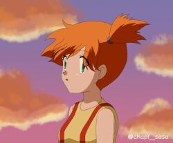 1boy 1girl animated animated_gif artist_name ash_ketchum asymmetrical_hair chapi_sasa cowboy_shot denim denim_shorts evening gen_1_pokemon gym_leader hair_tie hat jacket legs misty_(pokemon) nintendo orange_hair pokemon pokemon_(anime) pokemon_(classic_anime) ponytail red_hair shiny_skin shirt short_hair short_shorts shorts side_ponytail smile suspenders tagme video yellow_shirt