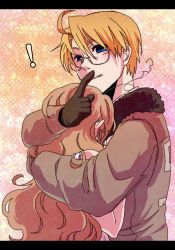 ! 1boy 1girl america_(hetalia) axis_powers_hetalia az0212 bad_id bad_pixiv_id blonde_hair blue_eyes blush brother_and_sister canada_(hetalia) gender_request genderswap glasses gloves hetero hug jacket letterboxed long_hair siblings