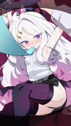 1boy 1girl absurdres arms_up artist_request black_halo black_panties black_thighhighs blue_archive blush closed_mouth hair_between_eyes halo highres hina_(blue_archive) long_hair looking_at_viewer lying mouth_hold on_back panties purple_eyes solo sweat tears thighhighs underwear white_hair