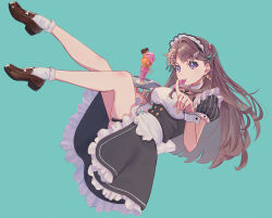 Rule 34 | 1girl, ai scream! (love live!), alternate color, alternate costume, aqua background, bare legs, black dress, breasts, brown hair, brown shoes, commentary request, detached sleeves, dress, frilled dress, frills, fujishima megumi, full body, hair ornament, heart, heart hair ornament, highres, holding, holding tray, ice cream cone, ice cream spoon, index finger raised, large breasts, link! like! love live!, loafers, long hair, looking at viewer, love live!, macken666, mouth hold, pinstripe sleeves, puffy short sleeves, puffy sleeves, purple eyes, shoes, short dress, short sleeves, single hair intake, socks, solo, spoon, thigh strap, tray, utensil in mouth, v-shaped eyebrows, white socks