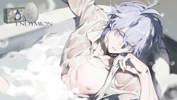 1boy antenna_hair bathtub black_choker blue_eyes blush bottle choker clothed_bath collared_shirt commentary highres honkai:_star_rail honkai_(series) looking_at_viewer male_focus open_clothes open_shirt partially_submerged perfume_bottle phainon_(honkai:_star_rail) qinnye shirt short_hair soap_bubbles solo white_hair white_shirt