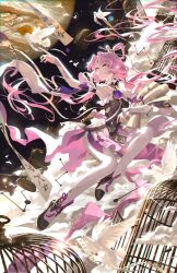 1girl absurdres bird birdcage black_dress black_shoes blonde_hair breasts cage chest_jewel chinese_hairpin commentary_request dove dress earrings forehead_jewel fu_xuan_(honkai:_star_rail) highres honkai:_star_rail honkai_(series) jewelry long_hair meltyrice pantyhose parted_lips planet shoes small_breasts solo space white_pantyhose