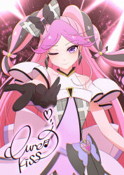 1girl ;) absurdres bare_shoulders black_bow black_gloves black_hair bow brooch character_name commentary cure_kiss fortissimo gloves grey_bow hair_bow hair_ornament heart heart_brooch highres jagili_noe jewelry kimi_to_idol_precure long_hair looking_at_viewer musical_note musical_note_hair_ornament one_eye_closed parted_bangs pink_bow pink_hair plaid_bow precure purple_eyes smile solo upper_body very_long_hair