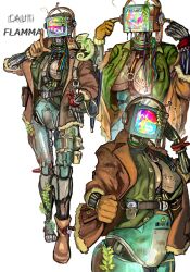 Rule 34 | 1girl, 1other, barcode, boots, breasts, cable, cauti flamma (sfour s4), chameleon, character name, doll joints, flammable symbol, gears, gloves, headphones, highres, jacket, joints, open clothes, open jacket, original, overgrown, plant, robot, sfour s4, simple background, tagme, television, vines, white background
