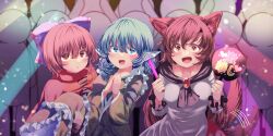 3girls animal_ear_fluff animal_ears blush bow breasts brooch brown_hair carrying carrying_person cloak collarbone commentary drill_hair drill_sidelocks english_commentary excited fins frilled_kimono frills game_cg glowstick grass_root_youkai_network green_kimono hair_bow head_fins heart highres holding holding_glowstick imaizumi_kagerou japanese_clothes jewelry kemo_chiharu kimono long_hair long_sleeves medium_hair mermaid mermaid_out_of_environment monster_girl motion_lines multiple_girls official_art open_mouth own_hands_together people princess_carry red_cloak red_eyes red_hair ribbon-trimmed_bow ribbon_trim sekibanki sidelocks smile tail tail_wagging third-party_source touhou touhou_lostword translation_request wakasagihime wolf_ears wolf_girl wolf_tail