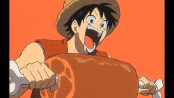 1boy animated animated_gif biting black_hair boned_meat collarbone food hat male_focus meat monkey_d._luffy one_piece orange_background pillarboxed qin_(7833198) red_shirt scar scar_on_face shirt simple_background solo straw_hat teeth
