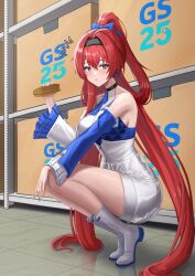 1girl ^^^ absurdres asymmetrical_sleeves bare_legs bare_shoulders black_hairband blue_bow blue_sleeves blush bow breasts bright_pupils circle_facial_mark clothing_request commentary commonalty detached_sleeves eating facial_mark food food_request hair_between_eyes hair_bow hairband highres holding holding_food katsuyamamage large_breasts legs long_hair long_sleeves looking_at_viewer mark_under_both_eyes official_alternate_costume purple_eyes red_hair reflective_floor solo squatting very_long_hair white_footwear white_pupils white_sleeves wuthering_waves yinlin_(wuthering_waves)