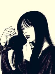 Rule 34 | 1girl, animal, bird, black coat, black dress, black hair, black nails, coat, crow, dress, fangs, finger to mouth, highres, long hair, looking at viewer, original, solo, tp p pt, white background