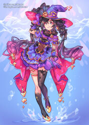 1girl akuo alternate_costume asymmetrical_legwear black_hair black_socks black_thighhighs commentary dress english_commentary frilled_dress frills full_body fur-trimmed_collar fur_trim genshin_impact gloves gold_shoes hat kneehighs looking_at_viewer mona_(genshin_impact) purple_dress purple_gloves purple_hat shoes single_thighhigh smile socks solo thighhighs twintails water watermark web_address witch witch_hat
