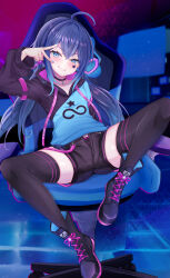 1girl absurdres bird-perch black_boots black_shorts black_thighhighs blue_hair blue_nails boots breasts chair commentary_request commission gaming_chair highres hood hoodie indie_virtual_youtuber large_variant_set long_hair mugen_mochi nail_polish pixiv_commission shorts sitting small_breasts solo spread_legs star_sticker swivel_chair thighhighs twintails variant_set very_long_hair virtual_youtuber