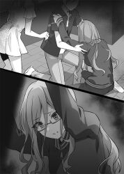 Rule 34 | 1boy, 2girls, commentary request, dress, faceless, faceless male, glasses, greyscale, jacket, kageishi sumire, long hair, monochrome, multiple girls, novel illustration, official art, open clothes, open shirt, pants, parted lips, second-party source, semi-rimless eyewear, short hair, sitting, solo focus, split screen, standing, sweat, tomari (veryberry00), tomodachi no imouto ga ore ni dake uzai, track jacket, worried