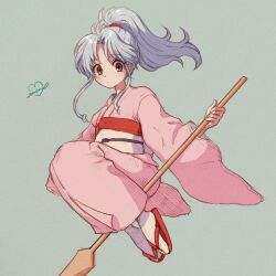 1girl blue_hair botan_(yu_yu_hakusho) closed_mouth full_body highres japanese_clothes kimono long_hair long_sleeves looking_at_viewer oar pink_kimono ponytail purple_eyes simple_background solo wide_sleeves yuu_yuu_hakusho yuuinami