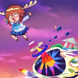 1girl absurdres album_cover album_cover_redraw antlers blue_sailor_collar brown_hair cover deer_antlers deer_girl derivative_work graduation_(album) highres horns jiansketch long_hair long_sleeves neckerchief parody sailor_collar school_uniform shikanoko_noko shikanoko_nokonoko_koshitantan shirt skirt smile white_shirt