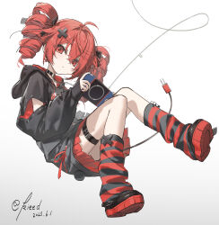 1girl absurdres ahoge alternate_costume belt black_belt black_collar black_leg_warmers black_ribbon black_shoes black_skirt black_sweater cable chain closed_mouth collar dated drill_hair expressionless fingernails floating_hair gradient_background grey_background hair_between_eyes hair_ornament hair_ribbon handheld_game_console highres holding holding_handheld_game_console hood hooded_sweater kasane_teto key kieed layered_skirt leg_warmers long_sleeves looking_at_viewer print_sweater red_eyes red_hair red_leg_warmers red_ribbon red_skirt ribbon shoes skirt sleeves_past_wrists solo striped_leg_warmers sweater thigh_belt thigh_strap twin_drills utau variant_set white_background x_hair_ornament