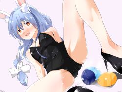 animal_costume bow braid dripping egg egg_laying hair_bow hair_ornament heel pekomama purple_hair rabbit_costume rabbit_ears spread_legs watterywinter