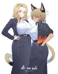 Rule 34 | 2girls, animal ear fluff, animal ears, bandaid, bandaid on face, cat ears, cat girl, cat tail, choker, collared shirt, delinquent, highres, jacket, maikamiaka, multiple girls, orange eyes, original, sharp teeth, shirt, short hair, shoulder spikes, spikes, striped hair, tail, teeth, translation request, white background