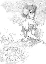 1girl alternate_costume alternate_hairstyle back black_torch_(takaki_tsuyoshi) blush bouquet breasts bridal_veil closed_mouth clothes_lift cover cover_page detexted dress dress_lift elbow_gloves embroidered_dress embroidery falling_petals floral_background flower frilled_dress frills gloves greyscale hair_bun hair_flower hair_ornament hairclip highres holding holding_bouquet kishimojin_ichika lifting_own_clothes manga_cover monochrome off-shoulder_dress off_shoulder official_alternate_costume official_alternate_hairstyle official_art petals sideways_glance solo takaki_tsuyoshi third-party_edit veil wedding_dress white_background