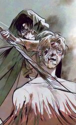 Rule 34 | 2boys, beard, black hair, blonde hair, blood, blood from mouth, blood on face, cloak, cropped jacket, facial hair, green cloak, highres, holding, holding knife, hood, hood up, hooded cloak, knife, levi (shingeki no kyojin), male focus, multiple boys, nosebleed, nul, open mouth, parted bangs, shingeki no kyojin, topless male, upper body, zeke yeager