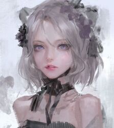 1girl black_bow black_choker bm94199 bow choker grey_hair hair_ornament highres looking_at_viewer open_mouth original pink_lips purple_eyes short_hair simple_background solo