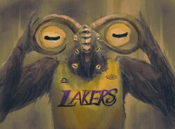 1boy absurdres basketball_jersey disembodied_eye elden_ring elden_ring_nightreign english_text extra_eyes goat_horns highres horizontal_pupils horns libra_(elden_ring) los_angeles_lakers meme national_basketball_association satsu-strive shirt shouting shouting_with_hands simple_background solo upper_body yellow_background yellow_shirt