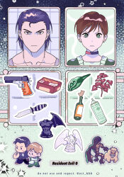 1boy 1girl billy_coen black_hair blue_eyes brown_hair commentary_request cuffs fingerless_gloves gloves green_eyes handcuffs muscular muscular_male nitako non-web_source rebecca_chambers resident_evil resident_evil_0 shirt short_hair sleeveless sleeveless_shirt tattoo