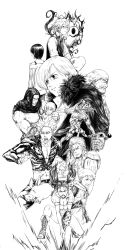 10s 5girls 6+boys absurdres animal ban_(nanatsu_no_taizai) closed_eyes diane_(nanatsu_no_taizai) elizabeth_liones eyelashes gowther greyscale griamor guila hauser_(nanatsu_no_taizai) hawk_(nanatsu_no_taizai) helbram highres hu-raiki2 jacket jericho_(nanatsu_no_taizai) king_(nanatsu_no_taizai) lance leather leather_jacket leather_pants leoneth_elizabeth long_hair md5_mismatch meliodas monochrome multiple_boys multiple_girls nanatsu_no_taizai open_mouth pants pig polearm serious short_hair simple_background sword takasakiyama_monmon tears twintails veronica_liones weapon white_background