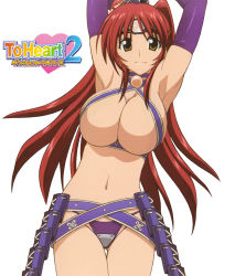 Rule 34 | 1girl, armor, armpits, arms up, bikini armor, breasts, bursting breasts, cleavage, criss-cross halter, elbow gloves, female focus, gloves, halterneck, highres, kousaka tamaki, large breasts, long hair, looking at viewer, navel, panties, purple gloves, purple panties, red hair, revealing clothes, simple background, smile, solo, standing, third-party edit, to heart (series), to heart 2, two side up, underbust, underwear, white background, yellow eyes