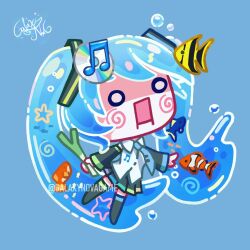 1girl angelfish apple_inc. blue_background blue_hair blue_theme bubble cd chibi chibi_only clownfish commentary_request detached_sleeves fish food frutiger_aero galaxynovagame goldfish hachune_miku hatsune_miku holding holding_food holding_spring_onion holding_vegetable itunes liquid_hair musical_note o_o pleated_skirt simple_background skirt solo spanish_commentary spring_onion tropical_fish twintails vegetable vocaloid water watermark