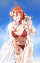 1girl absurdres ahoge bikini blue_fire blue_hair breasts colored_inner_hair elisbian elizabeth_rose_bloodflame fire highres hololive hololive_english huge_ahoge long_hair medium_breasts multicolored_hair navel open_mouth red_bikini red_eyes red_hair red_nails smile swimsuit very_long_hair virtual_youtuber