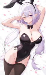 1girl absurdres alternate_costume animal_ear_hairband animal_ears arm_up armpits bare_shoulders black_bow black_bowtie black_leotard black_thighhighs blush bow bowtie breasts castorice_(honkai:_star_rail) closed_mouth collar commentary_request covered_navel detached_collar fake_animal_ears fake_tail feet_out_of_frame from_above groin hairband hand_up highleg highleg_leotard highres honkai:_star_rail honkai_(series) large_breasts leotard long_hair looking_at_viewer low_twintails lying on_back on_bed one_eye_closed origami_(poinia) paid_reward_available partial_commentary pink_petals playboy_bunny pointy_ears purple_eyes purple_hair rabbit_ear_hairband rabbit_ears rabbit_tail side-tie_leotard sidelocks smile solo strapless strapless_leotard tail thighhighs twintails very_long_hair white_collar