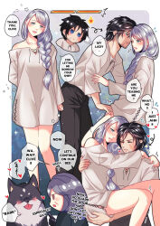 babigonice bare_shoulders beard black_hair blue_eyes blush braid clive_rosfield couple dog english_text facial_hair final_fantasy final_fantasy_xvi highres hug jill_warrick long_hair oversized_clothes oversized_shirt pet scar shirt speech_bubble torgal_(ff16) white_hair