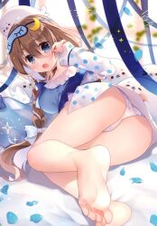 1girl absurdres animal ass bare_legs bare_shoulders barefoot blue_bow blue_camisole blue_eyes blue_ribbon blush bow braid breasts brown_hair camisole chihiro_(khorosho) crescent crescent_hair_ornament drooling feet fingernails foot_focus frilled_pillow frills hair_between_eyes hair_bow hair_ornament heart heart_panties heart_print highres iriam jacket large_breasts legs long_hair long_sleeves mask mask_on_head mouth_drool nemuri_mashiro open_clothes open_jacket open_mouth panties petals pillow polka_dot polka_dot_jacket print_panties ribbon seal_(animal) sleep_mask sleeves_past_wrists soles solo star_(symbol) toes underwear very_long_hair virtual_youtuber white_bow white_jacket white_panties