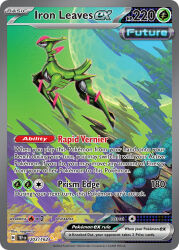 Rule 34 | artist name, black sclera, card (medium), character name, colored sclera, company name, copyright name, copyright notice, english text, from side, full body, full moon, green sky, iron leaves, moon, nagimiso, nintendo, non-humanoid robot, official art, outdoors, pink eyes, pokemon, pokemon (creature), pokemon card, pokemon focus, pokemon tcg, robot, robot animal, sky, solo, third-party source, trading card, tree