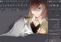 Rule 34 | 1boy, black vest, bright pupils, closed mouth, collared shirt, film grain, fourth wall, green jacket, hair over one eye, harada mutei, hashtag-only commentary, highres, holding, holding pen, jacket, male focus, open clothes, open jacket, pen, red eyes, saibou shinkyoku, shirt, short hair, smile, solo, string, string of fate, through medium, vest, weitruash, white shirt, yellow pupils