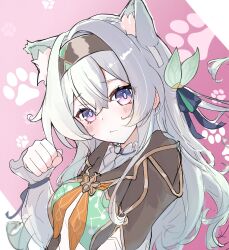 1girl black_hairband blue_pupils blush closed_mouth collared_shirt cropped_jacket detached_sleeves firefly_(honkai:_star_rail) frilled_sleeves frills grey_hair hair_between_eyes hair_intakes hair_ornament hair_ribbon hairband highres honkai:_star_rail honkai_(series) long_sleeves multicolored_eyes multicolored_hair neckerchief orange_neckerchief paw_print paw_print_background ribbon shirt shyaruru solo two-tone_eyes white_shirt white_sleeves