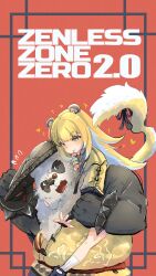1boy 1girl absurdres animal_ear_fluff animal_ears bell black_fur blonde_hair bracelet chinese_clothes colored_inner_hair copyright_name fat fat_man furry furry_male green_eyes high-waist_shorts highres jacket jewelry jingle_bell ju_fufu long_hair looking_at_viewer multicolored_fur multicolored_hair open_mouth orange_fur pan_yinhu panda_boy panda_ears round_eyewear shirt shorts smile spiked_bracelet spikes striped_fur striped_hair tail tiger_ears tiger_girl tiger_tail user_gged4257 white_fur wok yellow_shirt zenless_zone_zero