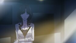 1girl arm_under_breasts black_shirt black_trim bracelet breasts brown_eyes brown_hair business_suit cleavage collarbone dim_lighting earrings formal_clothes fukuda_tomonori game_cg grey_jacket hair_over_shoulder highres indoors jacket jewelry lapels large_breasts lipstick long_hair long_sleeves looking_at_viewer makeup mature_female necklace non-web_source notched_lapels official_art open_mouth parted_bangs pendant_earring red_lips robotics;notes senomiya_misaki shiny_eyes shiny_lips shirt solo suit suit_jacket sunlight three-quarter_sleeves window_light