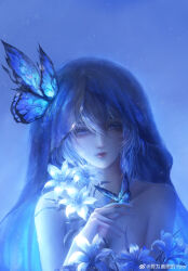 Rule 34 | 1girl, absurdres, blue butterfly, blue eyes, blue hair, blue theme, blue veil, breasts, bug, butterfly, butterfly on hand, chinese commentary, closed mouth, collarbone, commentary request, hair between eyes, highres, implied nudity, insect, large breasts, long hair, looking at viewer, nuli huahua de ybor, shorekeeper (wuthering waves), solo, upper body, veil, wuthering waves