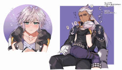 2boys ansem_seeker_of_darkness ass blush dark-skinned_male dark_skin gloves green_eyes grey_hair head_on_chest heart highres kingdom_hearts lgw7 long_hair looking_at_another male_focus multiple_boys multiple_views orange_eyes riku_(kingdom_hearts) short_hair sitting sitting_on_lap sitting_on_person size_difference spiked_hair spoken_heart straddling sweatdrop translation_request yaoi