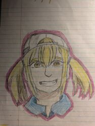 absurdres azusawa_kohane backwards_hat blonde_hair blue_shirt brown_eyes collar happy hat head_only highres neck non-web_source outline paper portrait project_sekai shirt short_twintails smile solo traditional_media twintails