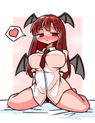 1girl :&gt; armband arms_behind_back bat_wings black_panties black_wings blush border breasts commentary_request dot_nose full-face_blush hair_between_eyes half-closed_eyes head_wings heart heart-shaped_pupils highres juliet_sleeves kasuya_baian koakuma large_breasts long_hair long_sleeves low_wings necktie no_pants on_bed panties panty_peek pink_background puffy_sleeves red_armband red_eyes red_hair red_necktie sidelocks simple_background sitting smile solo speech_bubble spoken_heart symbol-shaped_pupils touhou underwear wariza white_border wings