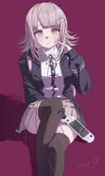1girl black_jacket black_shirt breasts brown_hair brown_skirt brown_thighhighs closed_mouth collared_shirt danganronpa_(series) danganronpa_2:_goodbye_despair dated dress_shirt feet_out_of_frame galaga hair_ornament handheld_game_console highres holding holding_handheld_game_console jacket large_breasts long_sleeves medium_hair miniskirt nanami_chiaki open_clothes open_jacket pink_eyes pleated_skirt qazqwe645119 shirt skirt smile solo thighhighs two-tone_shirt white_shirt