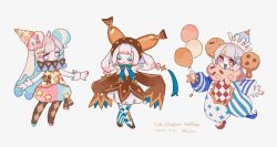 3girls argyle_clothes argyle_pantyhose blue_bow blue_bowtie boots bow bowtie braid brown_dress brown_footwear cookie crown double_bun dough dress food food-themed_hair food-themed_hair_ornament full_body hair_bun hair_ornament hat ice_cream_hair_ornament jester long_hair multiple_girls neck_ruff original simple_background sorata123 sprinkles twin_braids very_long_hair white_background